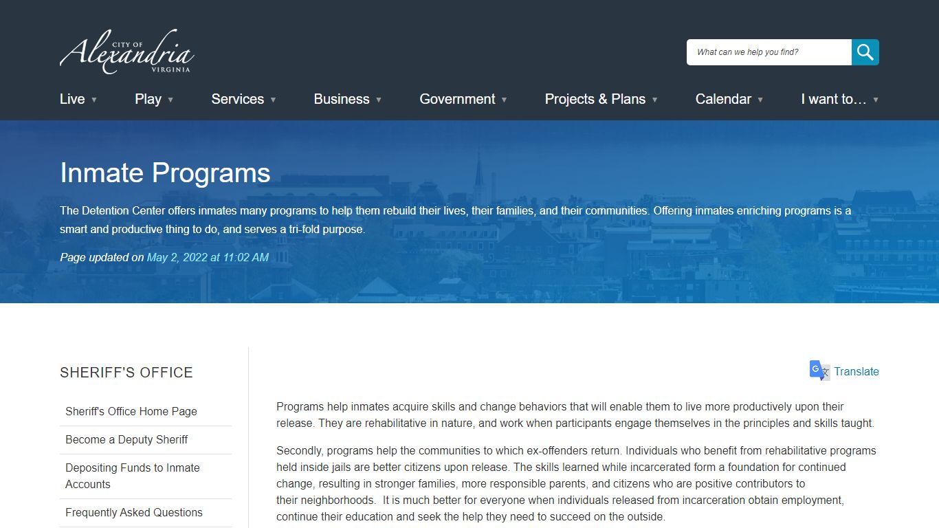 Inmate Programs | City of Alexandria, VA